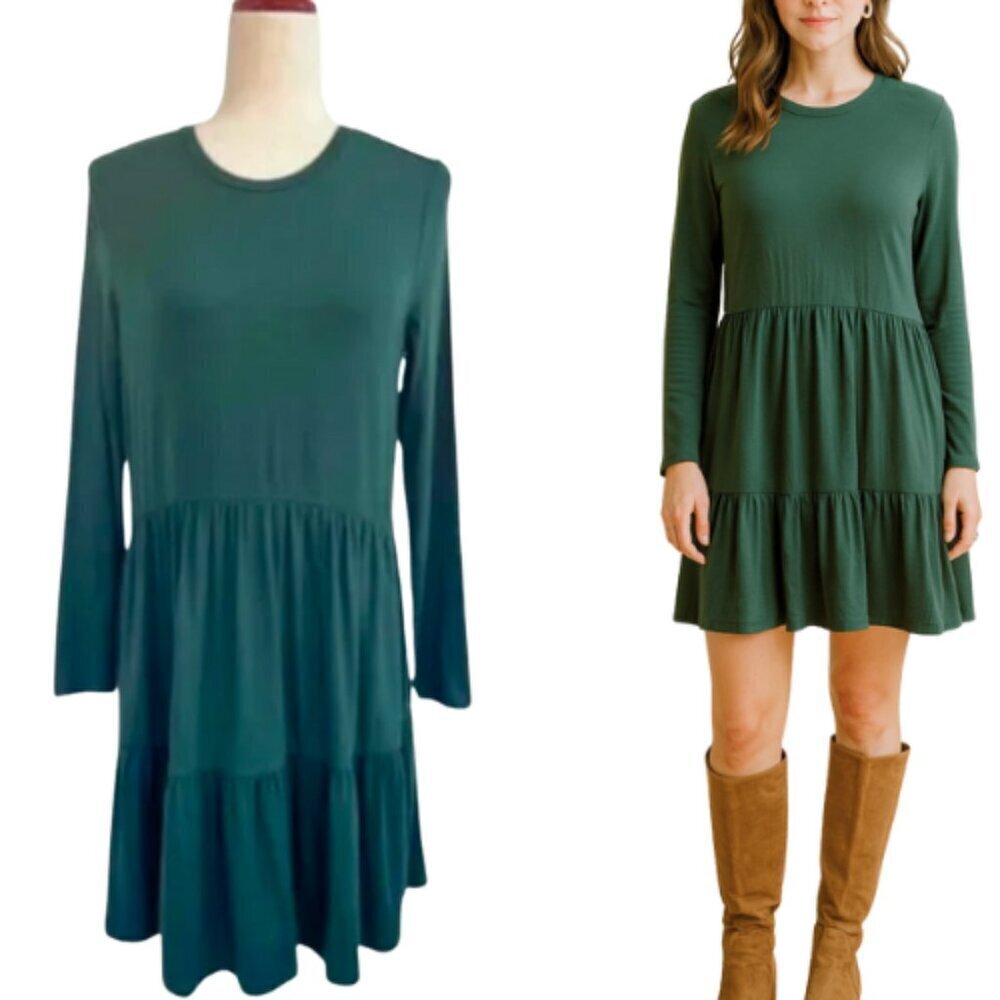 VERO MODA Green Tiered Long Sleeve Knit Dress Size M